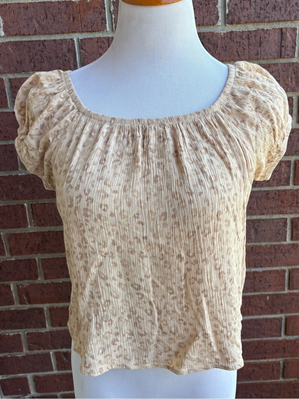 Hippie Rose Beige Short Sleeve Peasant Blouse with Subtle Print